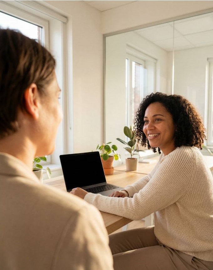 Échange entre une professionnelle de la gestion locative et un agent immobilier dans un bureau lumineux